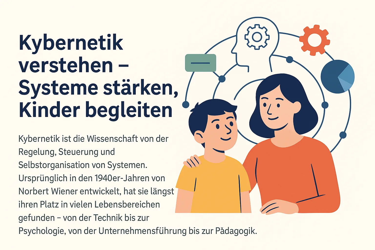 Ein nachdenklicher Junge sitzt mit einem offenen Schulheft am Tisch, während im Hintergrund seine Eltern und ein Symbol für Rückkopplung auf ein kybernetisches System hinweisen – dargestellt durch ein stilisiertes Gehirn mit Pfeilen.